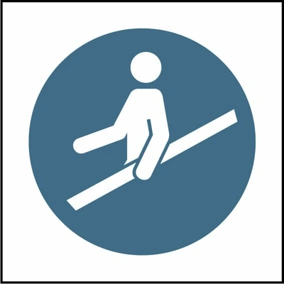 Use handrail pictogram sign showing white hand holding handrail pictogram in blue circle. Artwork MACH0062.