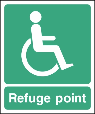 Refuge point sign showing wheelchair symbol. Artwork EMER0078.