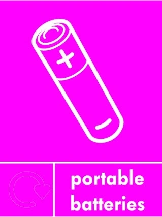 Portable batteries sign showing white battery pictogram with recycling arrow beside wording on magenta background. Artwork ELEC0126.