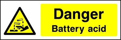Danger — Battery acid sign with yellow triangular corrosion pictogram beside wording. Artwork CHEM0005.