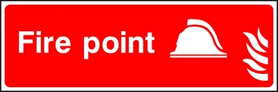Fire point sign showing helmet and flame pictograms beside wording. Artwork FEQP0031.
