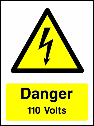 Danger — 110 Volts sign showing yellow electrical lightning bolt warning triangle above wording. Artwork ELEC0033.