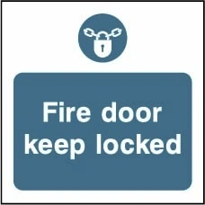 Fire door keep locked sign showing blue padlock pictogram above wording. Artwork FPRV0022.