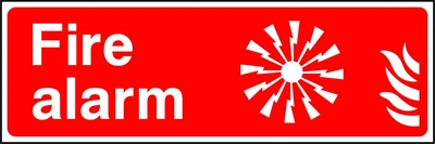 Fire alarm sign showing radiating alarm and flame pictograms beside wording. Artwork FEQP0033.