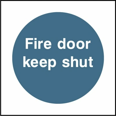 Fire door keep shut sign showing blue circular mandatory wording. Artwork FPRV0014.
