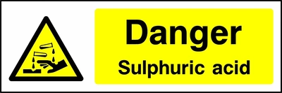 Danger — Sulphuric acid sign with yellow triangular corrosion pictogram beside wording. Artwork CHEM0009.