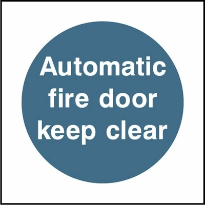 Automatic fire door keep clear sign showing blue circular mandatory wording. Artwork FPRV0009.