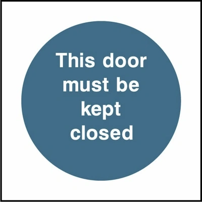 This door must be kept closed sign showing blue circular mandatory wording. Artwork FPRV0012.