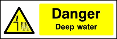 Danger — Deep water sign showing yellow deep-water hazard warning pictogram beside wording. Artwork GENE0008.