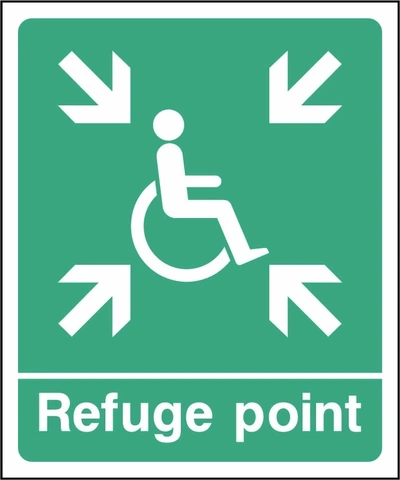 Refuge point sign showing wheelchair and inward arrows. Artwork EMER0077.