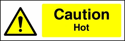 Caution — Hot sign showing yellow exclamation warning pictogram beside wording. Artwork GENE0009.