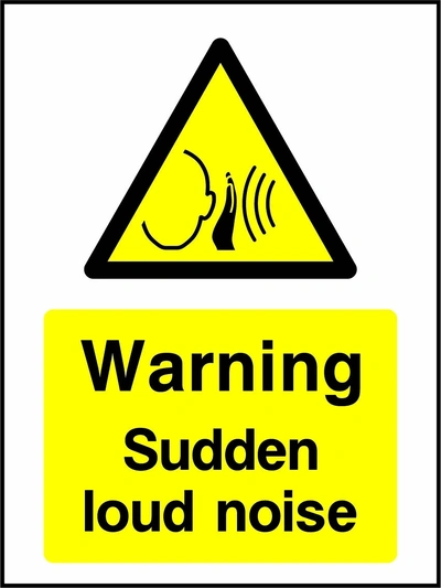 Warning — Sudden loud noise sign showing yellow ear and sound waves warning pictogram above wording. Artwork GENE0093.