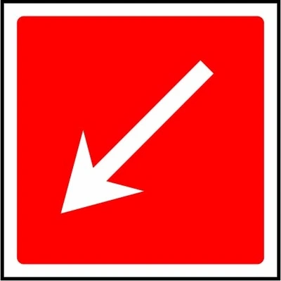Fire equipment direction — Down left sign showing white down-left arrow on red. Artwork FEQP0058.