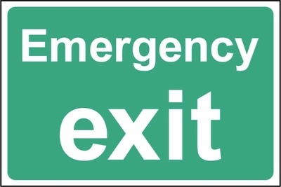 Emergency exit sign showing word-only landscape design. Artwork EMER0085.