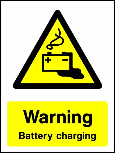 Warning — Battery charging sign showing yellow battery warning pictogram above wording. Artwork GENE0088.