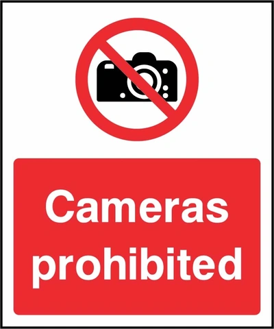 Cameras prohibited sign. red prohibition pictogram and wording. Artwork SECU0024.