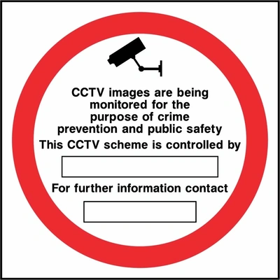CCTV images are being monitored for the purpose of crime prevention and public safety sign. red-bordered CCTV information panel with blank details fields. Artwork SECU0028.