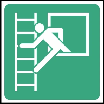Emergency window with escape ladder sign showing person climbing down a ladder from a window. Artwork FAID0014.