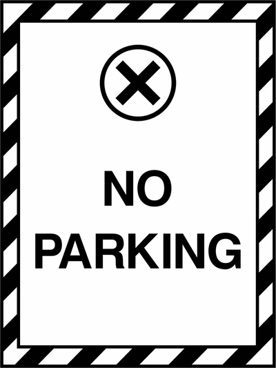No Parking sign. black wording with a black-and-white diagonal border. Supplied artwork PARK0045.