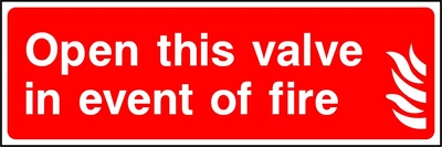 Open this valve in event of fire sign showing valve instruction beside flame pictogram. Artwork FEQP0040.