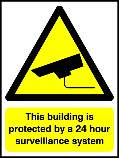 This building is protected by a 24 hour surveillance system sign. yellow CCTV camera warning triangle and wording. Artwork SECU0032.
