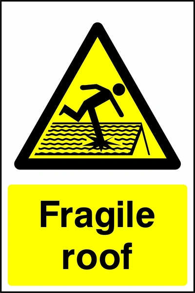 Yellow and black fragile roof sign with a person falling through a roof pictogram and Fragile roof wording. CONS0023 artwork.