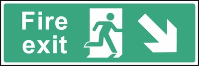 Green and white Fire exit sign with a down right arrow and running-person escape symbol. Letterbox artwork EMER0006.