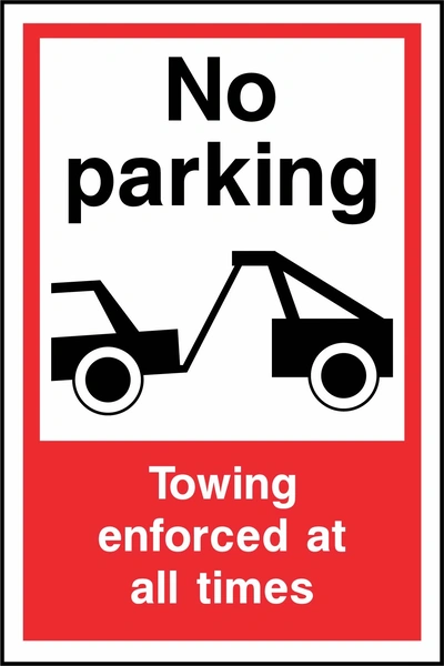 No parking — Towing enforced at all times sign. tow-truck pictogram with red-and-white wording. Supplied artwork PARK0078.