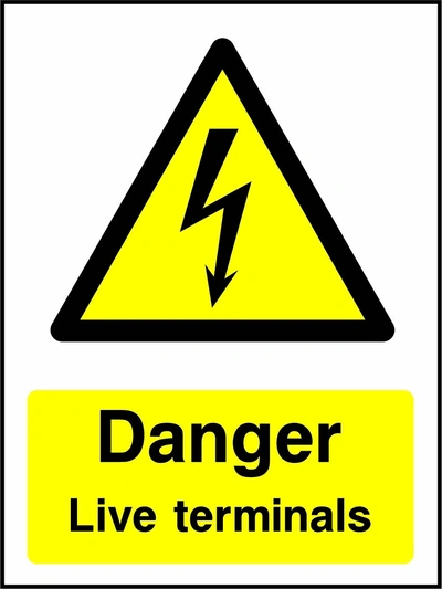Danger — Live terminals sign showing yellow electrical lightning bolt warning triangle above wording. Artwork ELEC0047.