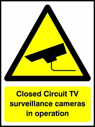 Closed Circuit TV surveillance cameras in operation sign. yellow CCTV camera warning triangle and wording. Artwork SECU0035.