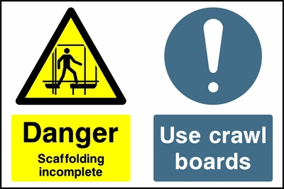Landscape sign combining a yellow Danger Scaffolding incomplete panel and a blue Use crawl boards panel, with scaffolding and mandatory symbols. CONS0039 artwork.
