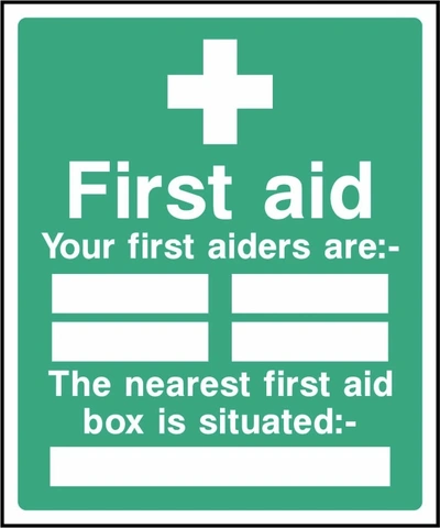 First aid — Your first aiders are — The nearest first aid box is situated sign showing blank contact and equipment-location panels. Artwork FAID0004.