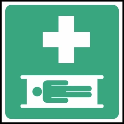 Stretcher pictogram sign showing person on stretcher and white cross. Artwork FAID0023.
