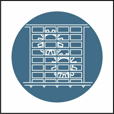 Check guard pictogram sign showing white guarded machinery pictogram in blue circle. Artwork MACH0050.
