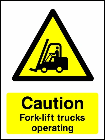Caution — Fork-lift trucks operating sign showing yellow forklift truck warning pictogram above wording. Artwork GENE0066.