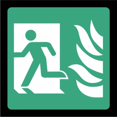 Green and white Fire exit pictogram — Left sign showing left-facing running person and flames. Artwork EMER0055.