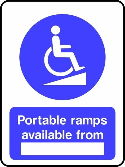 Portable ramps available from sign showing blue wheelchair-on-ramp pictogram above a blank location panel. Artwork DDA0007.