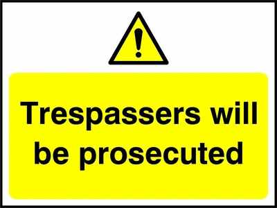 Trespassers will be prosecuted sign. yellow pictogram and text panel. Artwork SECU0052.