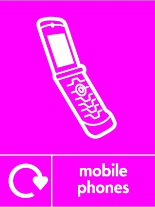 Mobile phones sign showing white mobile phone pictogram with recycling arrow beside wording on magenta background. Artwork ELEC0125.