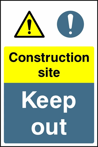Portrait construction site sign with a yellow warning panel, a blue Keep out panel and warning and mandatory symbols. CONS0032 artwork.