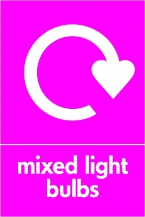 Mixed light bulbs sign showing white recycling arrow above wording on magenta background. Artwork ELEC0073.