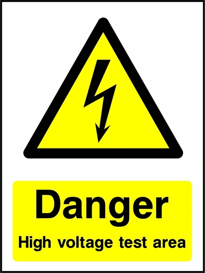 Danger — High voltage test area sign showing yellow electrical lightning bolt warning triangle above wording. Artwork ELEC0057.