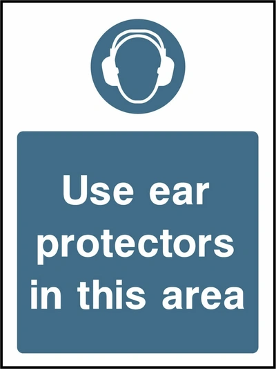 Use ear protectors in this area sign showing blue ear defenders pictogram above wording. Artwork PPE0031.