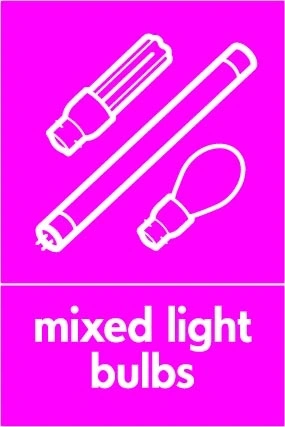 Mixed light bulbs sign showing white mixed bulbs pictogram above wording on magenta background. Artwork ELEC0086.