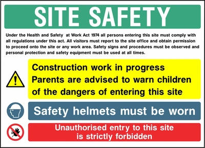 Collated site safety board with construction work warning for parents, mandatory safety helmets and unauthorised entry prohibition. CONS0016 artwork.