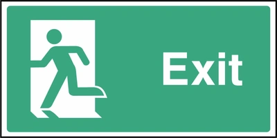Green and white Exit sign showing a running-person symbol facing left. Artwork EMER0034.