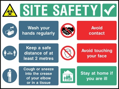 Six-panel Site Safety board with hygiene, contact, 2m distance, face touching, cough/sneeze and stay-home-when-ill messages. CONS0124.
