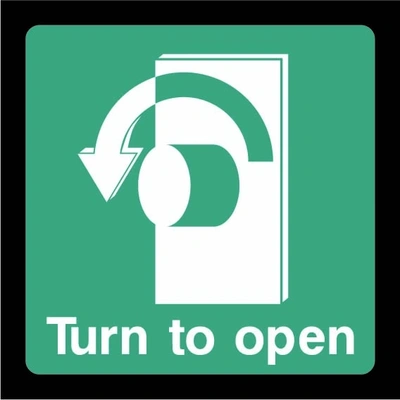 Green and white Turn to open sign showing anticlockwise knob arrow. Artwork EMER0049.
