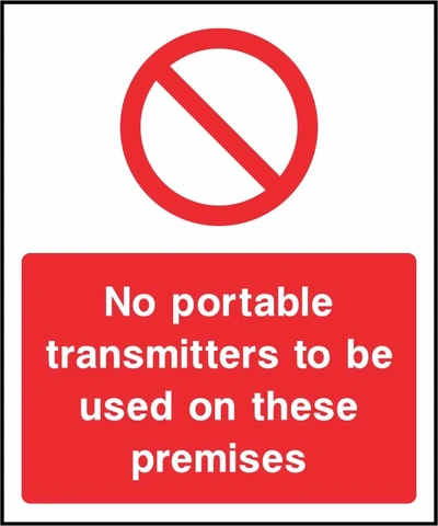 No portable transmitters to be used on these premises sign. red prohibition pictogram and wording. Artwork SECU0026.