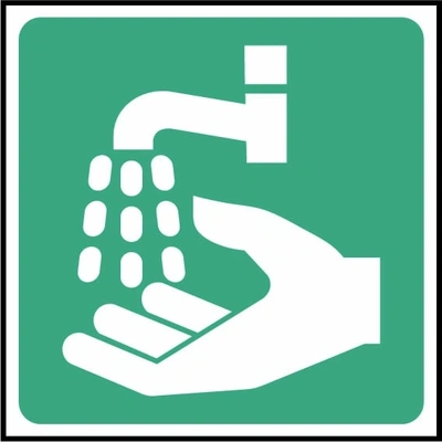 Emergency hand washing pictogram sign showing hand beneath a running tap. Artwork FAID0019.